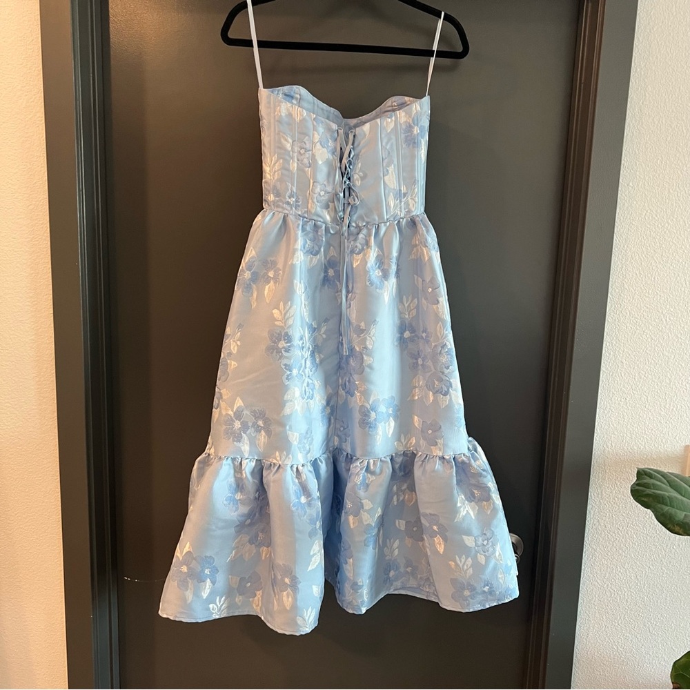 V. Chapman Virginia Chambray Blue Baroque Midi Dress Size 6 Corset Wedding Guest - Picture 2 of 13
